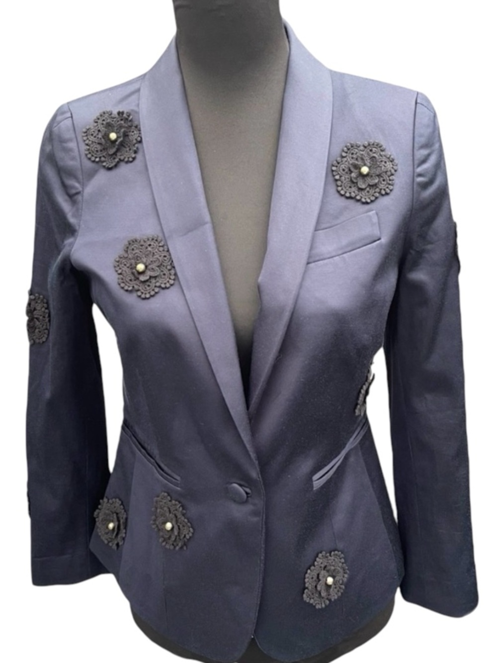 Anthropologie Elevenses Navy Satin Blazer Black Crochet Rosettes (6)